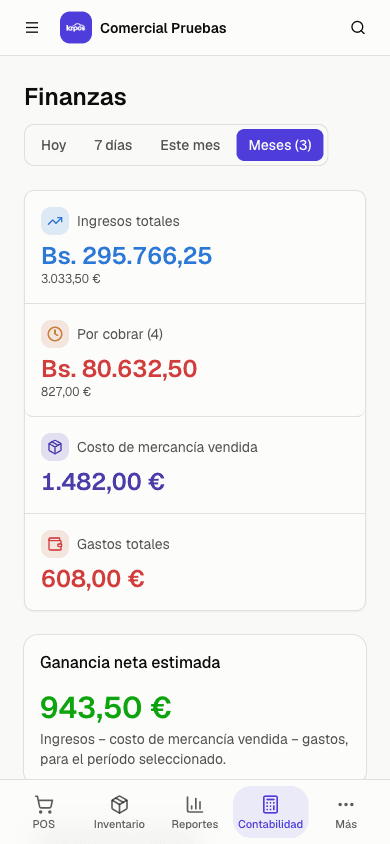 KR POS en el teléfono, con la barra de navegación inferior